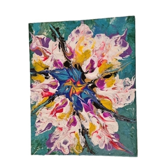 Hand Crafted original fluid art abstract dutch pour floral art upcycled blue - Picture 1 of 12